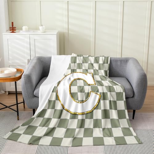Image of Erosebridal Sage Green Checkered Flannel Blanket Plaid Initial C Fuzzy Plush Throw Personalized Monogram Fleece Blanket for Kids Boys Girls,Fashion Grids Gingham Decor for Bed Couch Queen 90 inchx90 inch