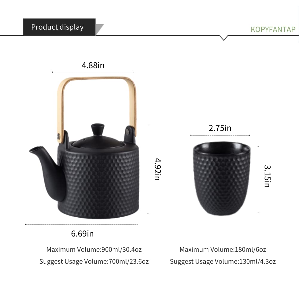 Servizio da Tè in Ceramica Giapponese, Nero | Set da tè cina, teiera set, 1 teiera 900ml e 4 tazze con con infusore, manico in legno, per gli amanti del tè