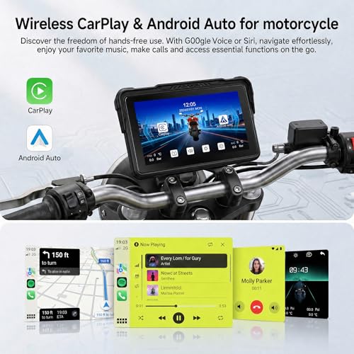 Image of Rimoody 7-Inch Motorcycle Carplay Screen with Wireless Carplay Android Auto for Car, Bluetooth, Supports GPS Navigation, IP68 Waterproof, Detachable Mount, Tire Pressure Monitor, Voice Control