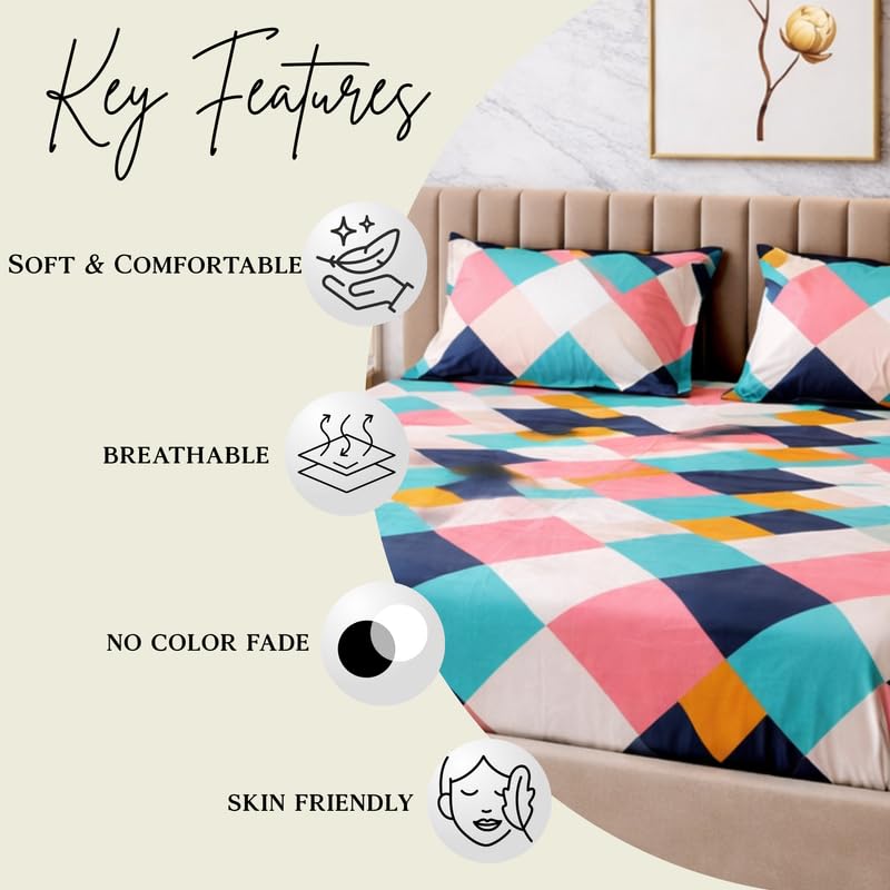 Image of THEA King Elastic Fitted Double Bedsheet Set| 100% Cotton Like Soft Fabric | Microfiber King Elastic Double Bedsheet for King Size Bed (72 X 78 x 10 inches) with 2 Pillow covers,Modern Mosaic