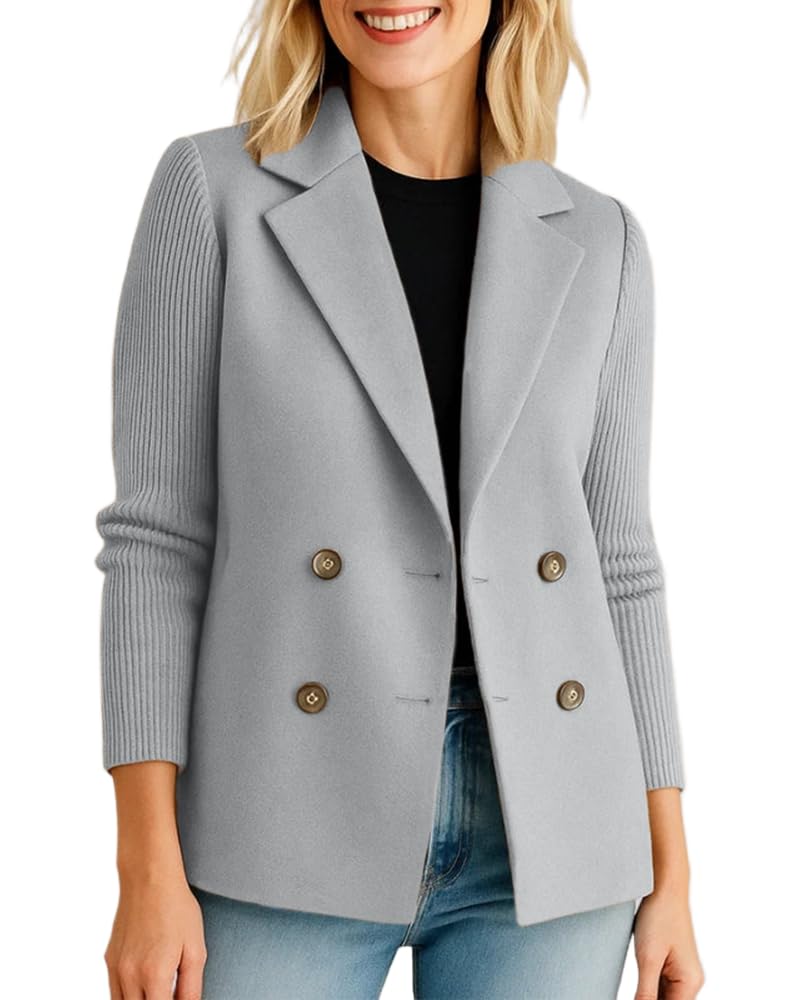 Womens Double Breasted Notch Collar Blazer Business Casual Knit Long Sleeve Outerwear Coat with Pockets