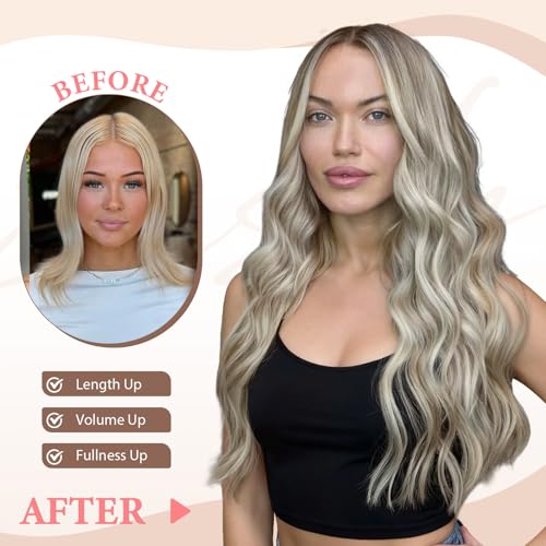 FLIACE Hair Extensions Clip ins, 6 PCS Wavy Extensions, Ash Blonde Thick Hair, Blends Well Hair Extensions (20Inch, 6PCS, Ash Blonde)