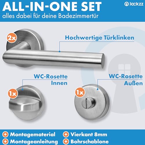 lockzz Türgriff Drückergarnitur Würzburg, Edelstahl matt gebürstet, Türbeschlag für Badezimmertüren, Rund-Rosette, L-Form, WC - Badezimmer