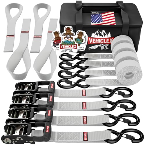 Image of Vehiclex Motorcycle Ratchet Tie Down Straps with Soft Loops, 1.5 inch x 8' | 4,400 lbs Break Strength, Powersports Tie Downs, Full Bend S Hooks with Safety Clips, Reinforced Stitching, 4 Pack, Silver