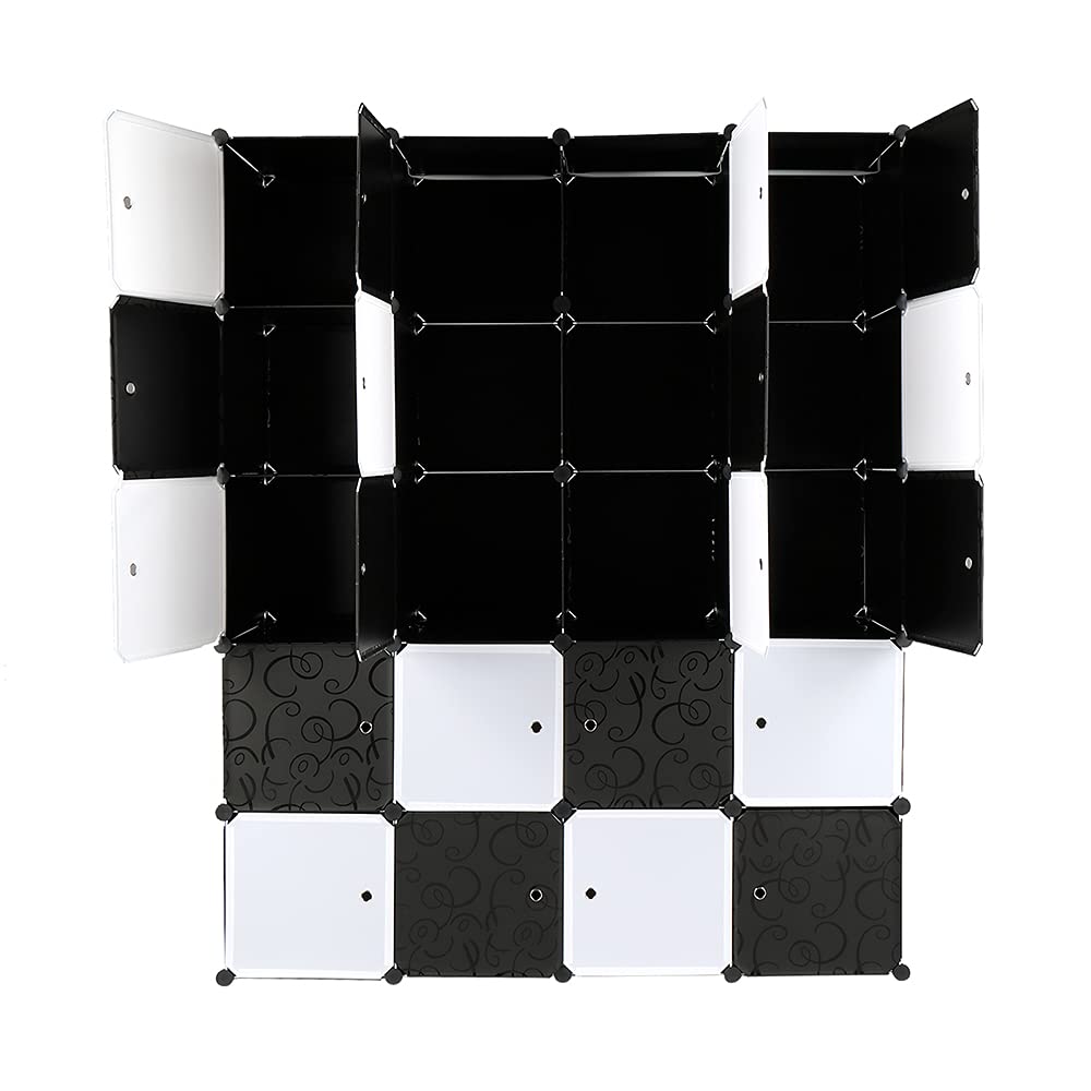 Kleiderschrank aus Kunststoff, 20 Würfel, Modulare Kleiderschränke für Platzsparendes, Kinderkleiderschrank, Garderobenschrank, 140 x 45 x 175 cm, Schwarze und weiße Tür