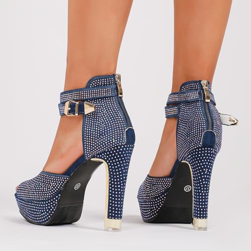 GATUXUS Women's Block High Heels Sandals with Rhinestorn Open Toe Ankle Strap Platform Wedding Dressy Shoes3