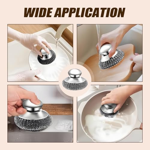 Image of Steel Wool Scrubber with Handle, Cast Iron Scrubber, Stainless Steel Scrubber, with 5 Refills and Long Handle Stainless Pot Brush, Remove Dirt, for Cleaning Stoves, Sinks, Dishes, Grills, Bowls