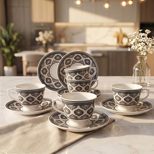 Image of UPC Premium Bone China Cup & Saucer Set (6 Pieces) | Elegant Solid Color Tea Coffee Cups | Lightweight, Durable & Glossy Finish | Ideal for Home, Office & Gifting
