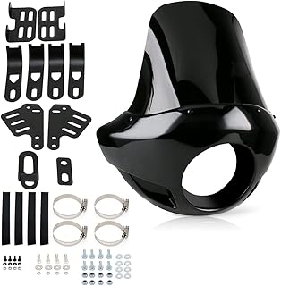 Motorcycle 17" Tall Fairing Touring Sport Windshield Club Style Kit Blackout 5.75" Headlight Fairing Windshield for Super Glide T-Sport FXDXT, FXR Long Style (Gloss Black)