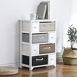 Ruication Bedside Table Storage Cabinets Wicker Woven Baskets Organiser Large Chest of Drawer Side Cupboard Unit Nightstand Fully Assembled for Bedroom Living Room Bathroom Hallway (8 Drawers)