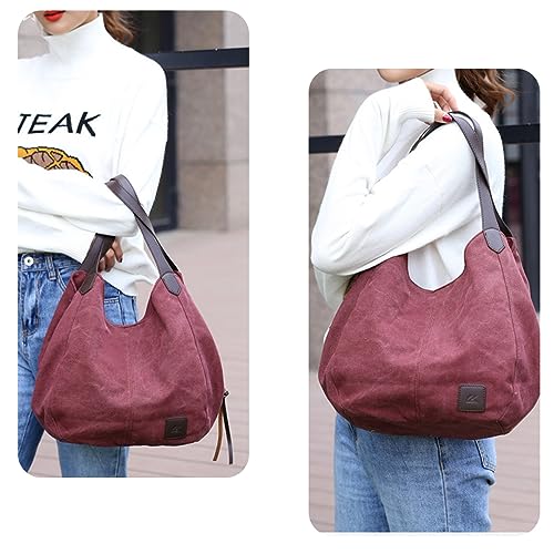 Image of Women Canvas Hobo Purse Multi Pocket Handbags Shoulder Bags Totes Purses