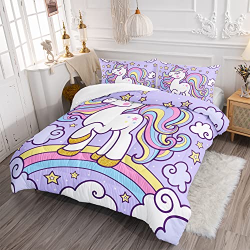 Axolotl Rainbow Unicorn Bedding Set Twin,Purple Unicorn Kids Comforter Sets With Stars Cloud For Girls,1 Quilt With 2 Pillowcases For Girls Kids Teens Children Adults Bedroom Decor All Season #TOP2