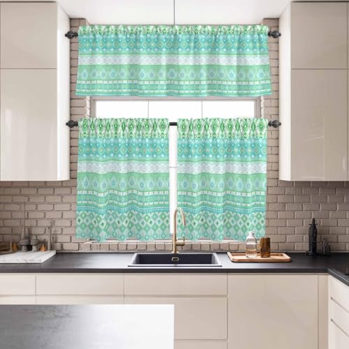 Green Geometric Kitchen Curtains and Valances Set, Bohemian Style Ethnic