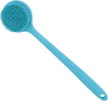 Silicone Back Scrubber for Shower, 15-Inch Long Handle Body Brush with Soft Bristles & Massage Nodes, Dual-Sided Shower Scrubber for Back, Quick Dry