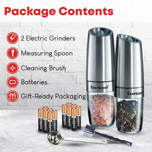 Chefgiant Electric Salt And Pepper Grinder Set | Automatic Gravity Activated Operation With Led Light | Adjustable Coarseness | Batteries Included | Bonus Spoon & Brush - Stainless Steel #TOP7