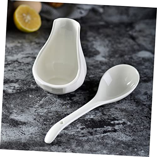 COLLBATH Large Ceramic Soup Spoon with Spoon Rest 8.85 Inch Porcelain Ladle Utensil Holder for Kitchen Dining Table Family Meals and Serving