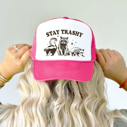 Image of Stay Trashy Funny Raccoon Graphic Classic 5 Panel Mesh Snap Back Trucker Hat