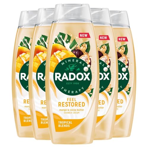 Radox Mineral Therapy Feel Restored Shower Gel Body Wash, Pack of 5, Shower Cream with 4 minerals and 13 herbs, Mango and Cocoa Butter Scent for Mood-Boosting Experience, 450 ml