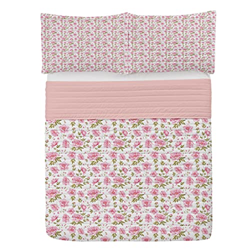 Lunarable Floral Microfiber Bedspread Set, Peony Floral Pattern With The Leaves Vintage Style In Graphic Print Boho Art, Soft Bedding Set With Pillow Shams & Comforter, Queen Size, Green Pink White #TOP15