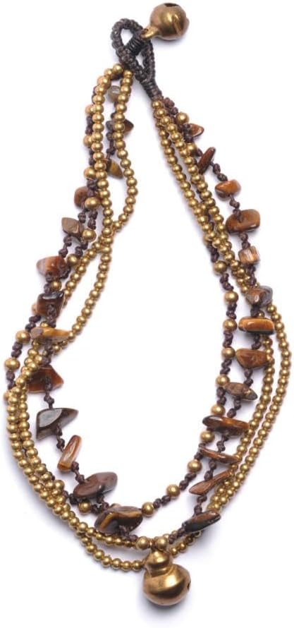 81stgeneration Multi-Strand Gold Tone Brass Beaded Anklet with Bells and Tiger Eye Beads - Indian Style Cord Ankle Bells - Foot Jewelry for Women - Gemstone Ball Bead Ankle Bracelet - Gypsy Anklet