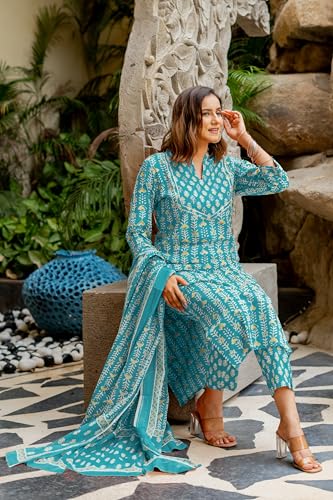 Image of MIRCHI FASHION Pure Cotton Women Straight Batik Print & Mirror Work Kurti Set with Dupatta and Pant