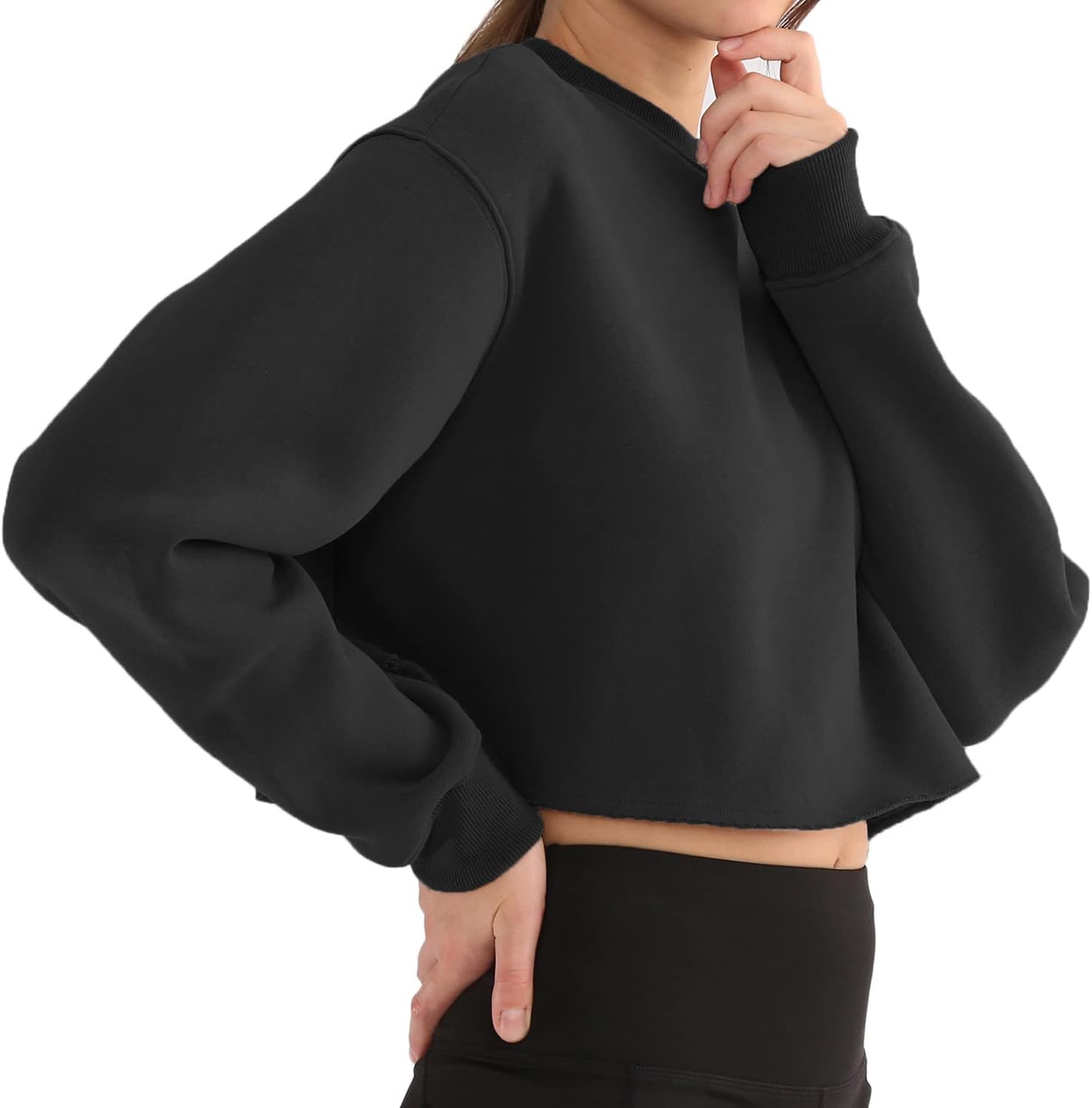 Amazhiyu Women' s Pullover Cropped Sweatshirt Crew Neck Long Sleeve Fleece Crop Tops - Image 3