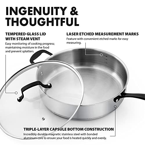 Grandties Tri-Ply Stainless Steel Saute Pan Induction Cookware – 5 Qt 12 Inch Capsule Bottom Stainless Steel Pan, Marquina Black Metal Handle Kitchen Cooking Pan With Lid, Dishwasher Safe Pot & Pan #TOP1