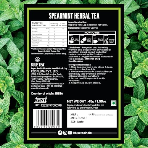 Image of BLUE TEA - Spearmint Herbal Tea - 30 Tea Bags (Pack of 2) - Plant Based | PCOS RELIEF | Supports Digestion | Balances Hormones | Reduces Facial Hair | Herbal Tea - Dried Loose Leaf - Caffeine Free | Zipper Packaging