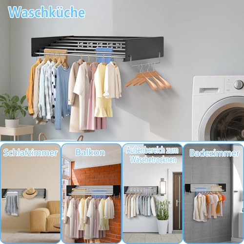 OUUTMEE Wandmontierter Wäschetrockner mit 80 cm Langen Stäben 5 Aufhängelinien Klappbarer Wäschetrockner für den Innen- und Außenbereich im Badezimmer (Schwarz)