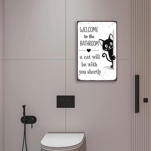 Miniatura 2 de Divertida decoración de baño – Welcome to the Bathroom A Cat Will Be With You Shortly – Cartel de metal de gato negro para baño, inodoro o tocador,
