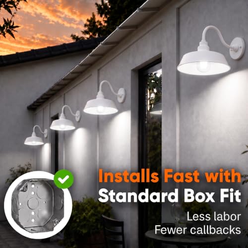 Image of 14in. White Outdoor Gooseneck Barn Light Fixture With 10in. Long Extension Arm - Wall Sconce Farmhouse, Antique Style - UL Listed - 9W 900lm A19 LED Bulb (5000K Cool White) - 2-Pack