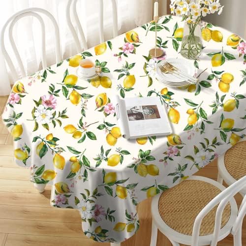 Oval Lemon Tablecloth 60x84inch, Lemon floral yellow Country Farmhouse Spring Summer Waterproof Wrinkle Resistant Washable Tablecloth for Indoor and Outdoor, Holiday Kitchen Restaurant and Party