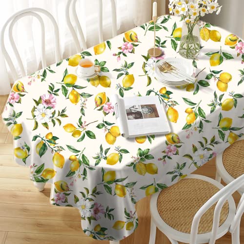 Oval Lemon Tablecloth 60X84Inch, Lemon Floral Yellow Country Farmhouse Spring Summer Waterproof Wrinkle Resistant Washable Tablecloth For Indoor And Outdoor, Holiday Kitchen Restaurant And Party #TOP1