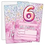 Invitaciones de cumpleaños – Invitaciones de 6º cumpleaños rosas con sobres (25 unidades) – Tarjetas de invitación de fiesta de papel de aluminio arcoíris para niñas y niños, suministros de fiesta,