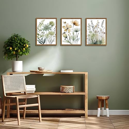 Wood Framed Sage Green Botanical Wall Art Set of 3, Boho Floral Canvas Wall Decor Paintings, Minimalist Flower Posters Prints Pictures for Bedroom Bathroom Living Room Home Decor 12x16 Inch by Zeredi - Used condition - Image 2
