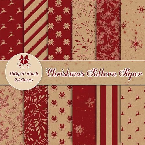 Whaline 24 hojas de papel kraft con patrón de Navidad, reno, copos de nieve, campanas, álbumes de recortes, papel especial de doble cara para Navidad, manualidades, tarjetas, decoración de álbumes de
