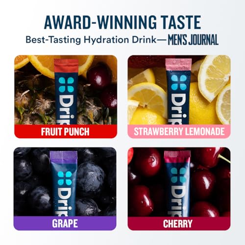 Image of DripDrop Hydration Packets - Juicy Variety Pack - Single Serve Electrolytes Powder Drink Mix - Grape, Fruit Punch, Strawberry Lemonade, Cherry - Non-GMO, Gluten Free, Vegan - 32 Sticks