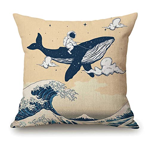 Solekla Ocean Wave Outdoor Throw Pillow Cover Astronauts Riding Whales in Ocean Wave Decorative Pillows Farmhouse Cushion Cases Home Decor for Couch 18x18 inch