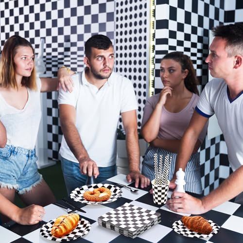 Image of Funnymoom 452 Pcs Checkered Flag Party Supplies for 50 Guests, Black and White Checkered Paper Plates Napkins Cups Tablecloth Cutlery Straws for Race Car Birthday Party Decorations
