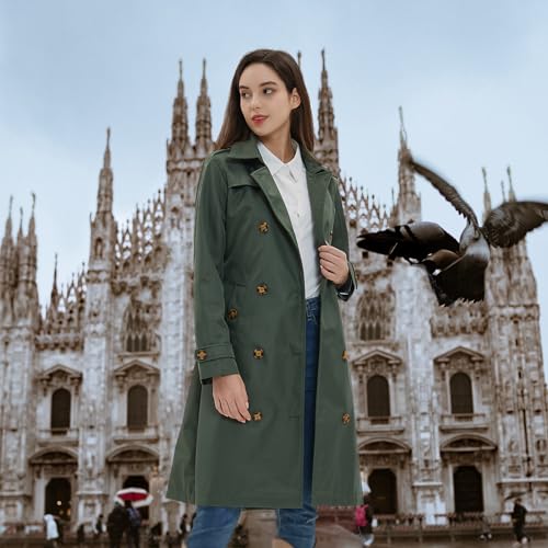 Image of Womens Trench Coat Double-Breasted Long windbreak Belted Slim Outerwear Coat with Detachable Hood S-2XL