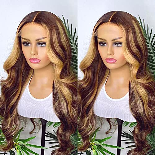 Hedy Ombre Highlight Lace Front Wigs Body Wave Wigs For Black Women Pre Plucked With Baby Hair #4/27 Glueless 150% Density 4X4 Lace Closure Human Hair Wigs(22 Inch, 4/27 Highlight Wig) #TOP6
