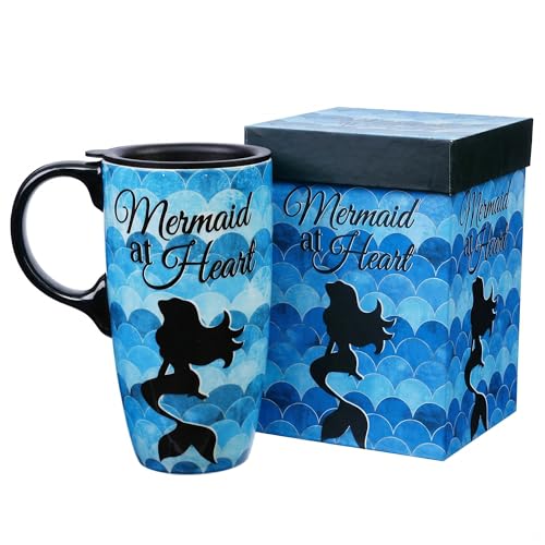Topadorn 17oz Mermaid Ceramic Travel Mug with Lid, Coastal Ocean Design