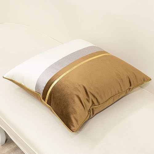 Miniatura 3 de Avigers Funda de cojín de terciopelo a rayas de cuero marrón, blanco, dorado, marrón, café, 22 x 22 pulgadas, funda de almohada decorativa para