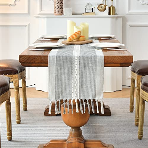 Wracra Embroidered Table Runner Linen Table Runners 60 inches Long with Hand-Tassels for Holiday Party, Wedding and Dining Decorations(Grey, 13\"×60\")