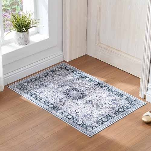 Vintage 2x3 Washable Area Rug, Low-Profile Entryway Rug with Non-Slip Backing & Durable Edge Binding, Pet-Friendly Doormat, Small Rug for Entryway, Kitchen, Living Room