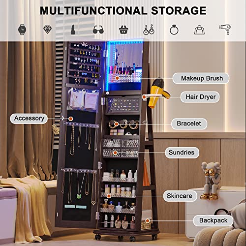 Hnebc 360° Swivel Jewelry Armoire With Mirror, Led Mirror Jewelry Cabinet Standing, Full Length Mirror With Jewelry Storage, Standing Jewelry Organizer/Lockable Wheels/Foldable Makeup Shelf(Brown) #TOP2