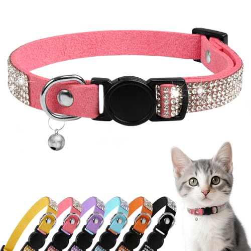 Rhinestone Cat Collar Breakaway Soft Velvet Cat Collars with Bell Adjustable Comfortable Cats Collar 7.5-12.5 Inch for Cat Kittens and Puppies (Pink)