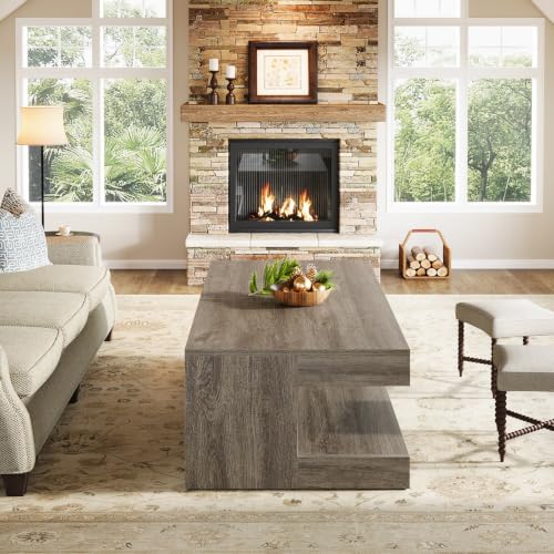 Image of Tribesigns Coffee Table for Living Room, 47.24 Inch Farmhouse 2-Tier Accent Center Tea Cocktail Table with Storage, Elegant Grey, Rectangular