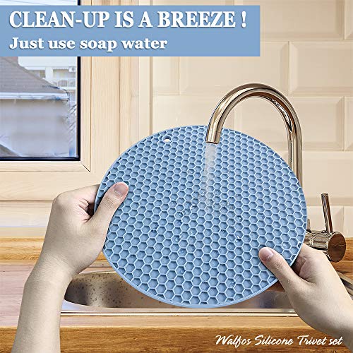 Silicone Trivet Mats - Walfos Heat Resistant Pot Holders Set, 4Pcs 2 Sizes 7 Inch & 9 Inch, Multipurpose Non-Slip Hot Pads For Hot Pot, Hot Dishers, Jar Opener, Food Grade & Bpa Free (Nordic Blue #TOP6