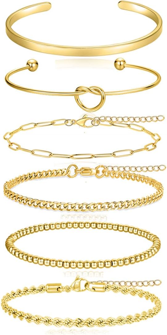 Tornito 6Pcs Gold Bracelets 14K Gold Plated Stainless Steel Link Chain Bracelet Waterproof Stackable Cuban Paperclip Bead Rope Love Knot Cuff Bracelets for Women 6.5 Inches Silver Gold Tone Adjustable - Image 3